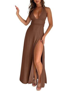 Women’s Sexy Halter Deep V Neck Sleeveless Backless High Split Maxi Summer Dress